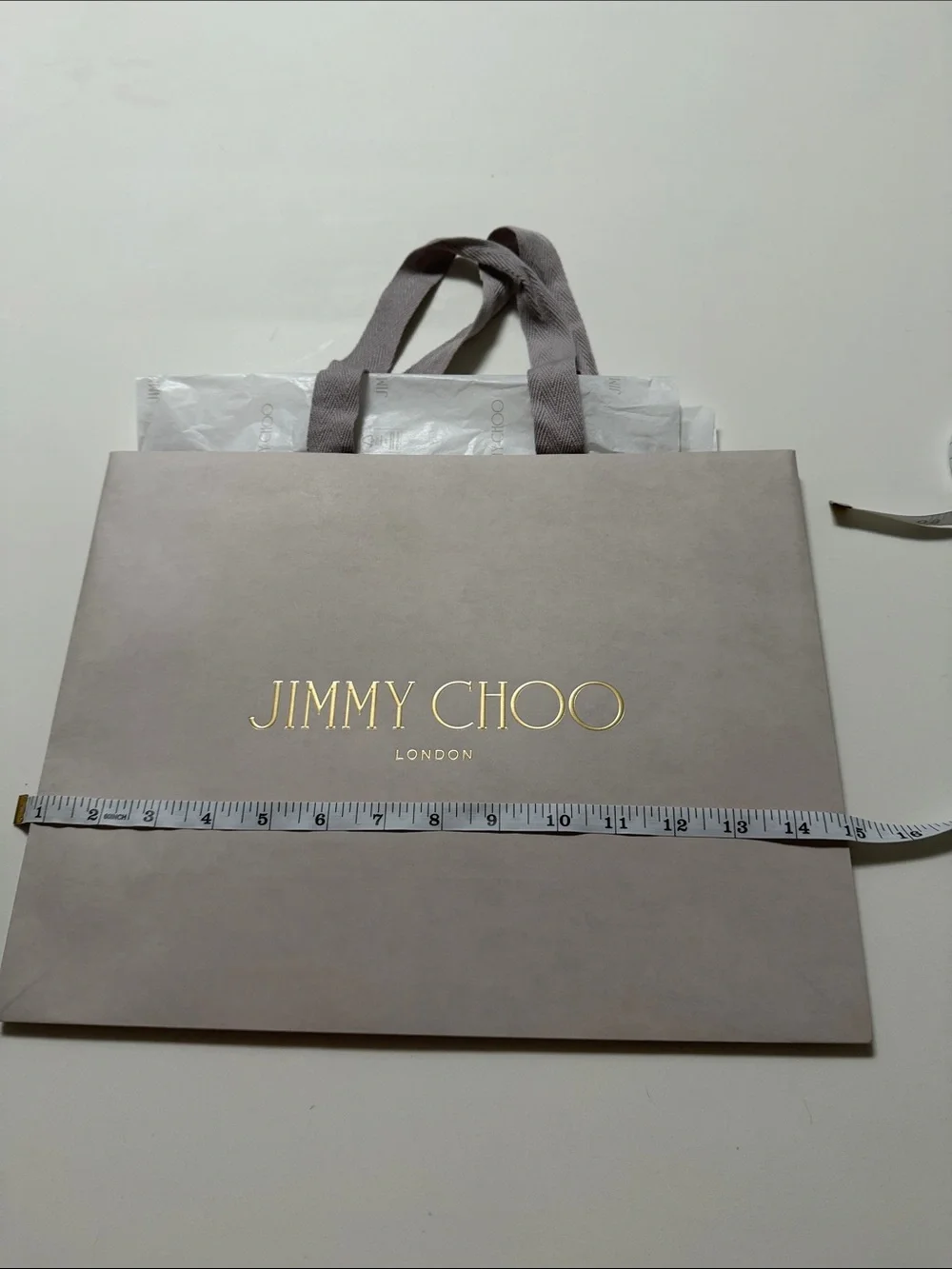Jimmy Choo strong gift Bag- Taupe with Gold Logo and tissue paper